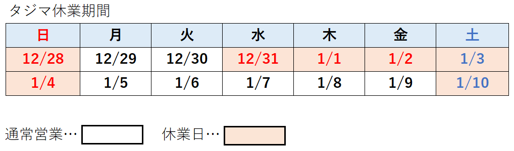 タジマ年末年始休業
